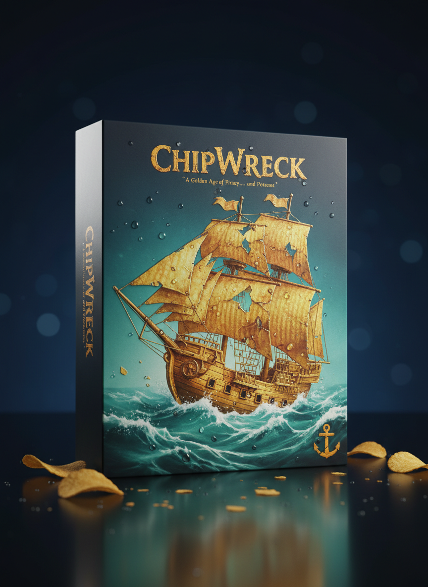 A dramatic, photographic close-up of a custom-designed game box for “ChipWreck,” standing upright on a dark, reflective surface. The box art shows a stylized sinking pirate ship made of golden potato chips tumbling into a vivid teal sea, with crisp edges and embossed details catching the light. Tiny water droplets and scattered chip fragments add tactile realism. A subtle studio spotlight from the upper left creates gleaming highlights on the glossy print and a soft gradient shadow behind the box. The background fades into deep navy with a gentle bokeh effect. Shot from a slightly low angle with centered composition, the scene feels polished and high-end, presenting the game as a flagship product from a professional game company.