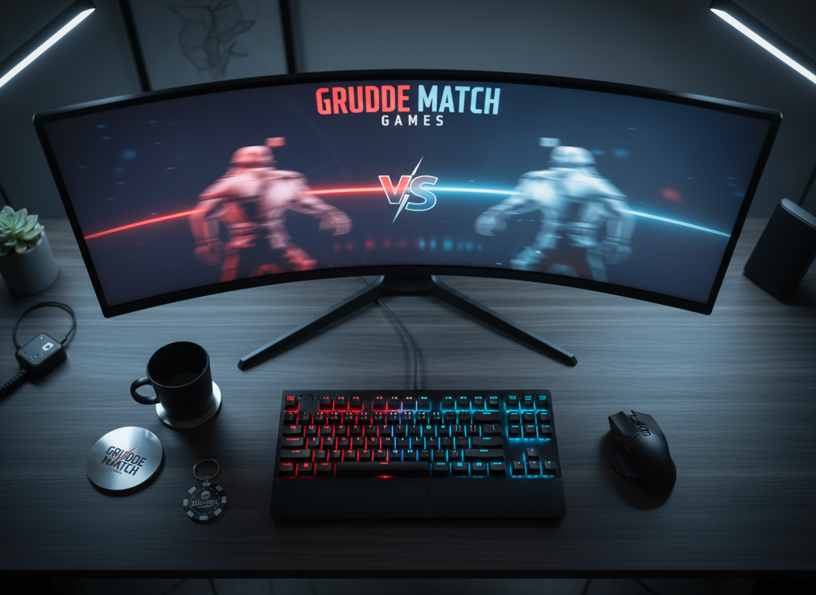 An overhead photographic view of a minimalist gaming desk setup branded for “Grudge Match Games,” featuring a high-end mechanical keyboard with customizable RGB keys set to complementary red and blue tones, a matte-black gaming mouse, and a widescreen curved monitor displaying a blurred versus-style game screen. The desk surface is smooth dark wood with a subtle grain, and small branded items like a metal logo coaster and a chip-shaped keychain nod to games like ChipWreck. Soft, cool-toned studio lighting washes across the scene, creating gentle reflections on the monitor and keyboard. The mood is focused and professional, with clean cables and a tidy layout. Shallow depth of field keeps the foreground gear in sharp detail while the background softly falls away.