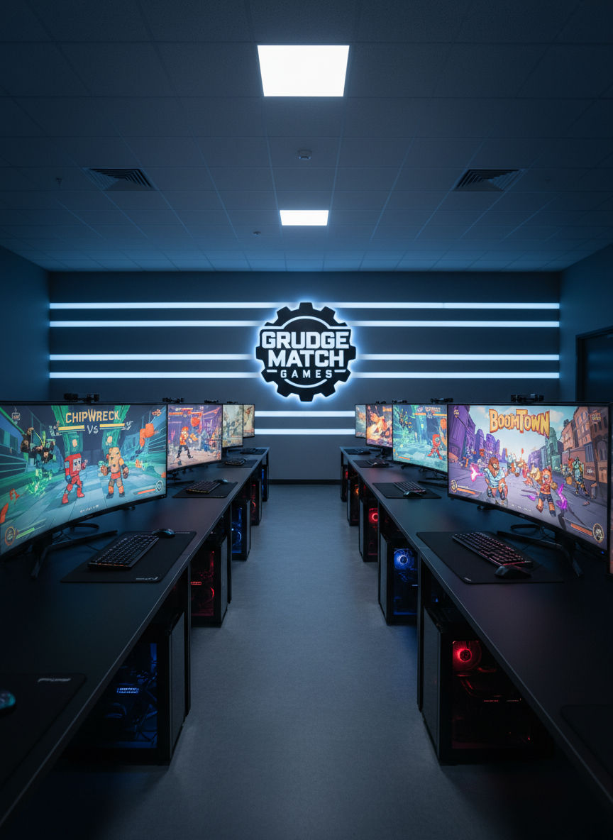 A cinematic, wide photographic shot of a high-tech game testing lab for Grudge Match Games, entirely devoid of people. Multiple high-end monitors line a long, matte-black workstation, each displaying paused versus-style game screens with abstract, colorful arenas suggesting titles like ChipWreck and BoomTown. Gaming PCs with subtle red and blue LED accents sit beneath the desks, their internal components faintly visible through tempered glass panels. Cool, diffused overhead lighting combines with a gentle blue ambient glow from LED strips along the back wall, creating a focused, futuristic atmosphere. The camera is positioned at desk height using a wide-angle lens, leading the eye down the row of stations toward a softly blurred wall featuring the Grudge Match Games logo. The overall mood is professional, cutting-edge, and intensely competitive.
